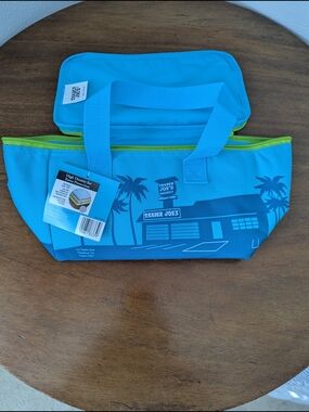 Trader Joe's Blue Mini Insulated Tote Bag with Lime Zipper